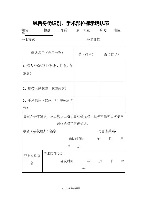 手术部位识别标示确认表