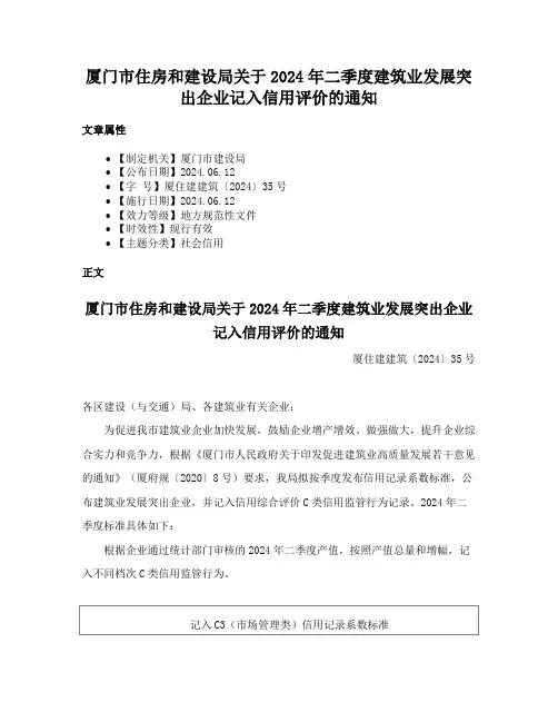 厦门市住房和建设局关于2024年二季度建筑业发展突出企业记入信用评价的通知