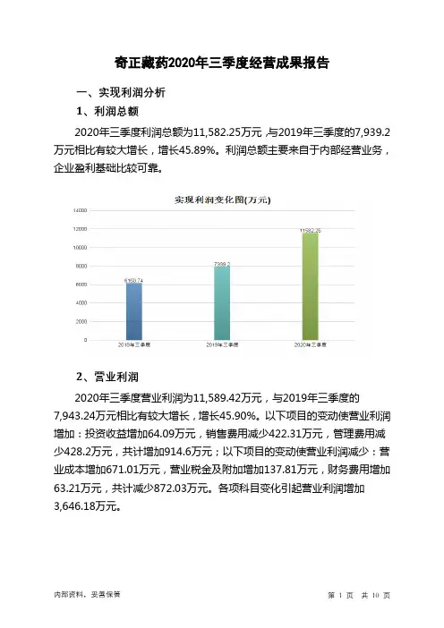 奇正藏药2020年三季度经营成果报告