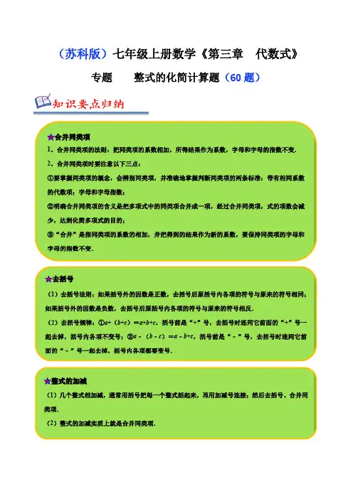 专题 整式的化简计算题(五大题型60题)(原卷版)-2024-2025学年七年级数学上册同步精讲精练