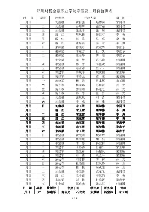 郑州财税金融职业学院寒假及二月份值班表