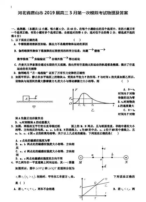 河北省唐山市2019届高三3月第一次模拟考试物理及答案