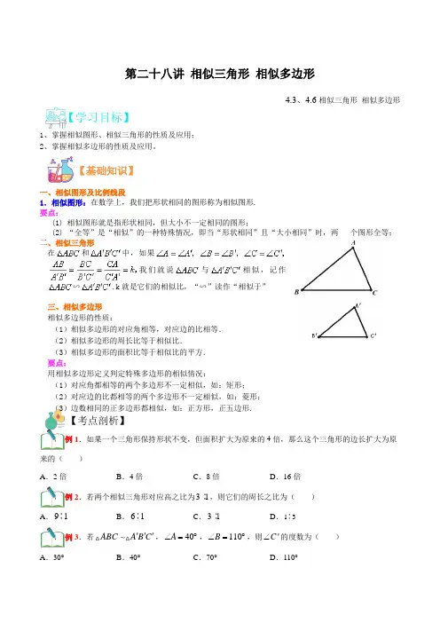 第二十八讲 相似三角形 相似多边形2021年新九年级数学暑假课程(浙教版)(原卷版)