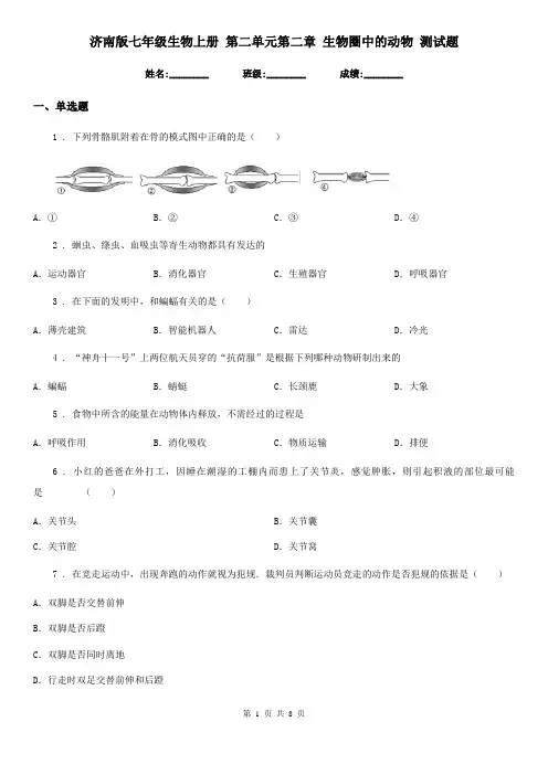 济南版七年级生物上册 第二单元第二章 生物圈中的动物 测试题