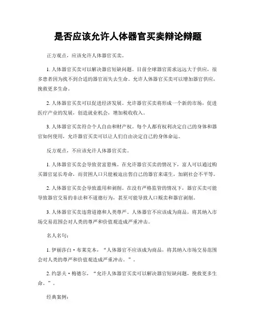 是否应该允许人体器官买卖辩论辩题