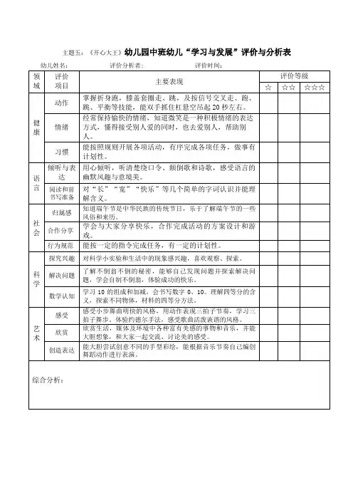 主题五《开心大王》幼儿园中班幼儿“学习与发展”评价与分析表