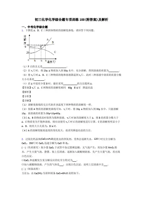 初三化学化学综合题专项训练100(附答案)及解析