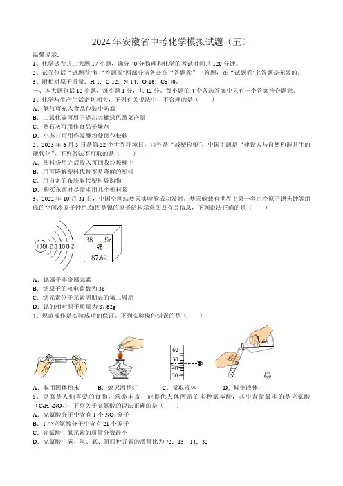 2024年安徽省中考化学模拟试题(五)