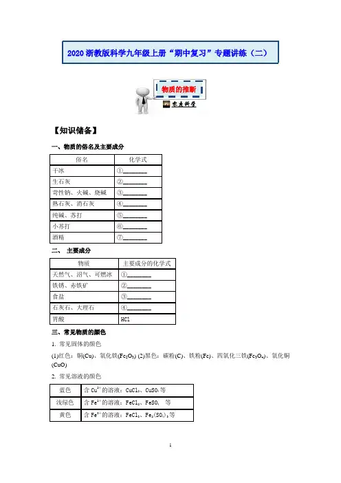 浙教版科学九年级上册期中复习专题卷：物质的推断【原卷+解析】