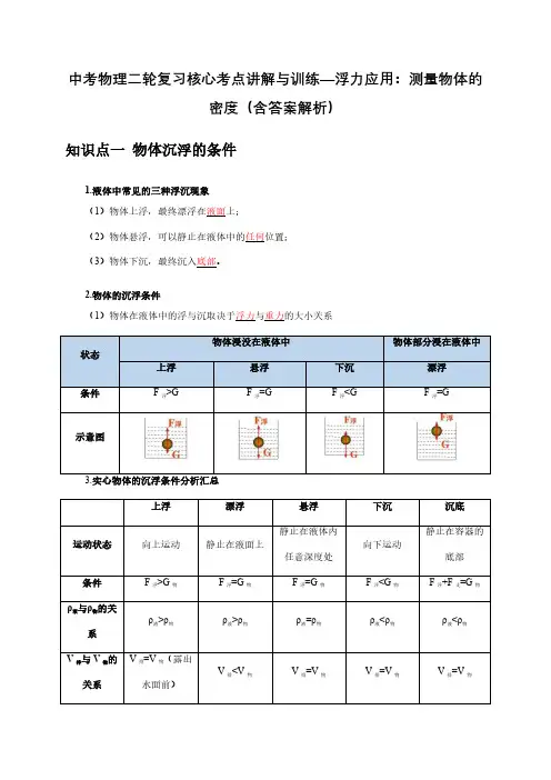 中考物理二轮复习核心考点讲解与训练—浮力应用：测量物体的密度(含答案解析)