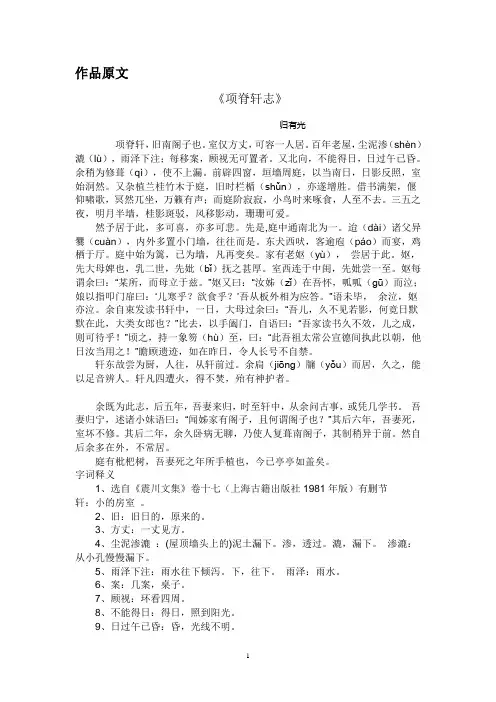 《项脊轩志》原文及经典翻译Word 文档