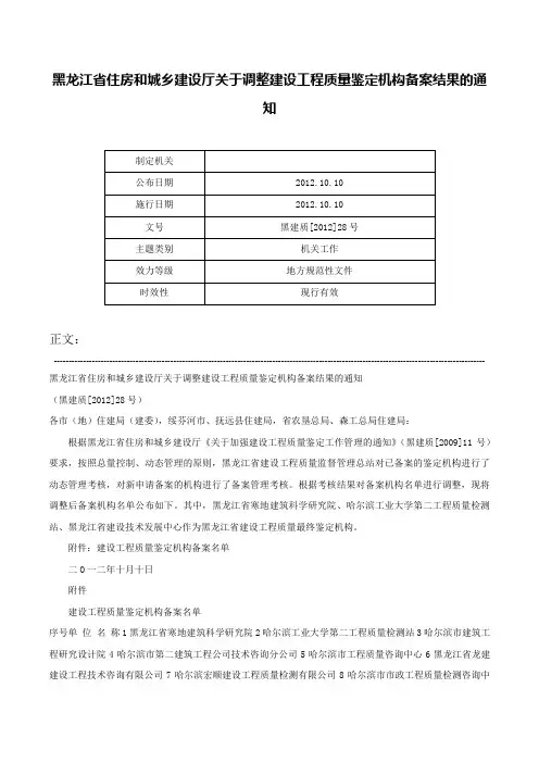 黑龙江省住房和城乡建设厅关于调整建设工程质量鉴定机构备案结果的通知-黑建质[2012]28号