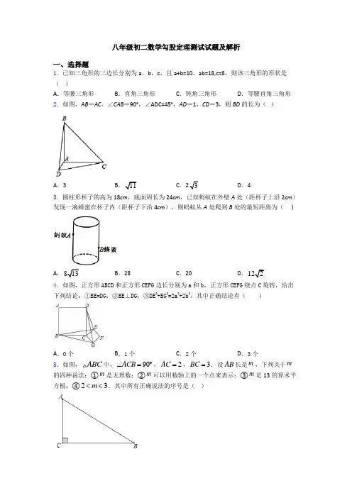 八年级初二数学勾股定理测试试题及解析