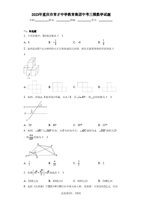 2023年重庆市育才中学教育集团中考三模数学试题(含解析)