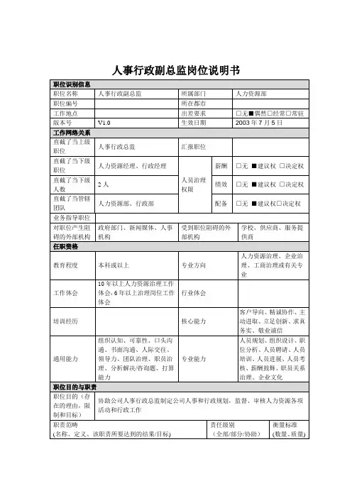 人事行政副总监岗位说明书
