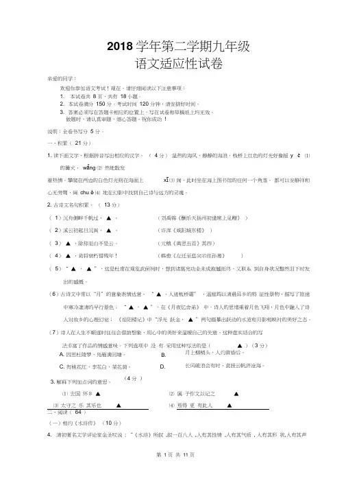 2018-2019学年第二学期九年级语文适应性试卷(有答案)