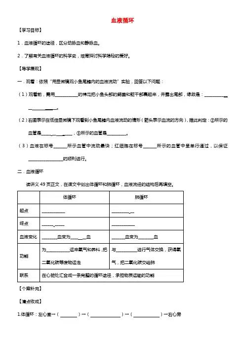 学七年级生物下册《10.2 血液循环》导学案2