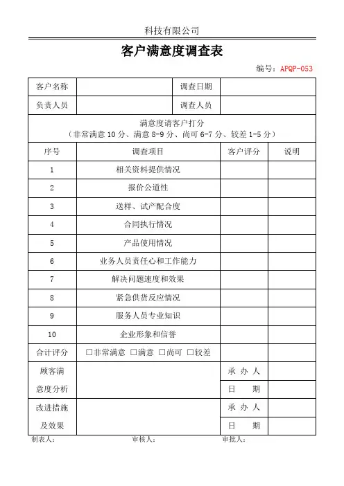 客户满意度调查表(评分)