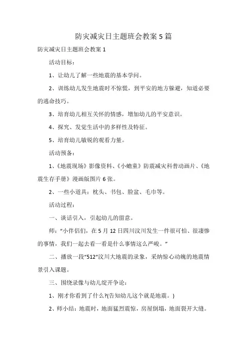 防灾减灾日主题班会教案5篇