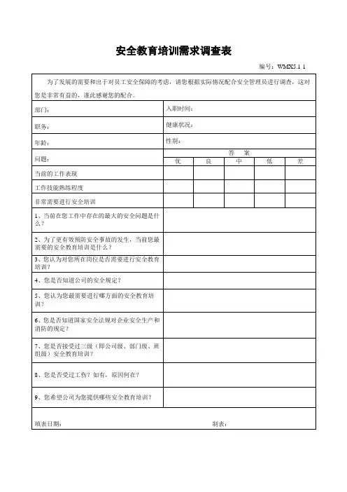 安全教育培训需求调查表