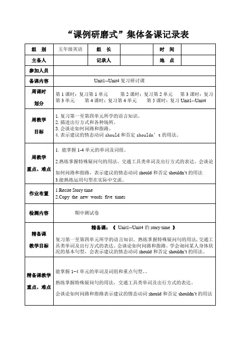 牛津译林版五年级英语下册5B unit1--unit4复习课集体备课记录表