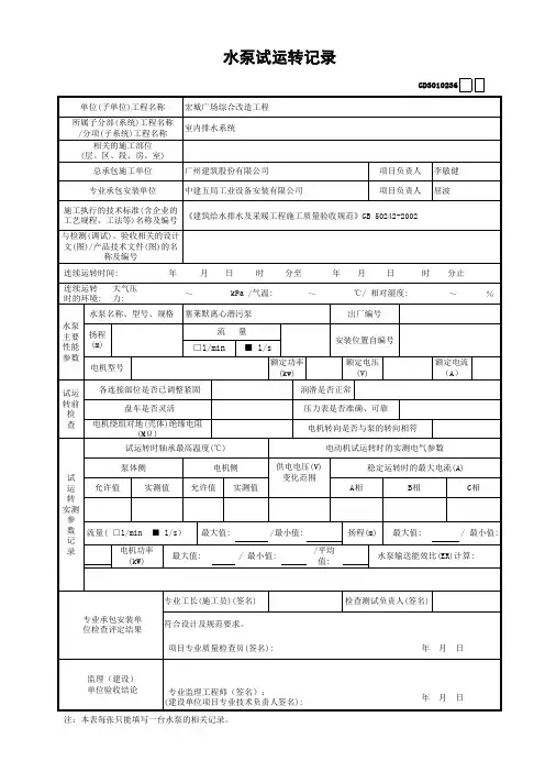 水泵试运行记录表