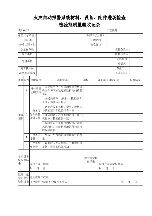 火灾自动报警系统材料、设备、配件进场检查检验批质量验收记录