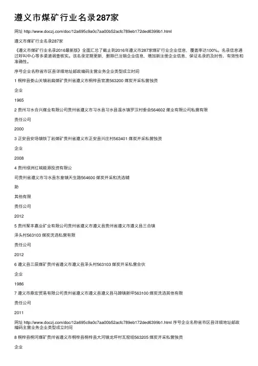 遵义市煤矿行业名录287家