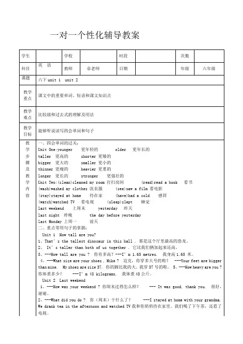 六年级英语一对一辅导教案定稿