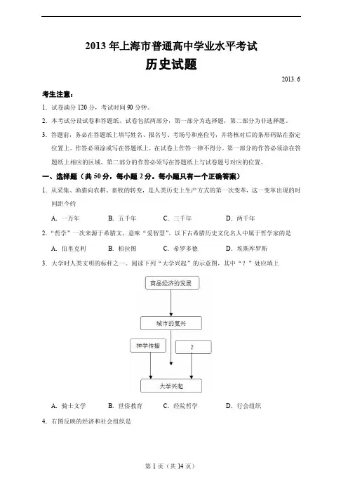 上海市2013年高中历史学业水平考试试题[解读