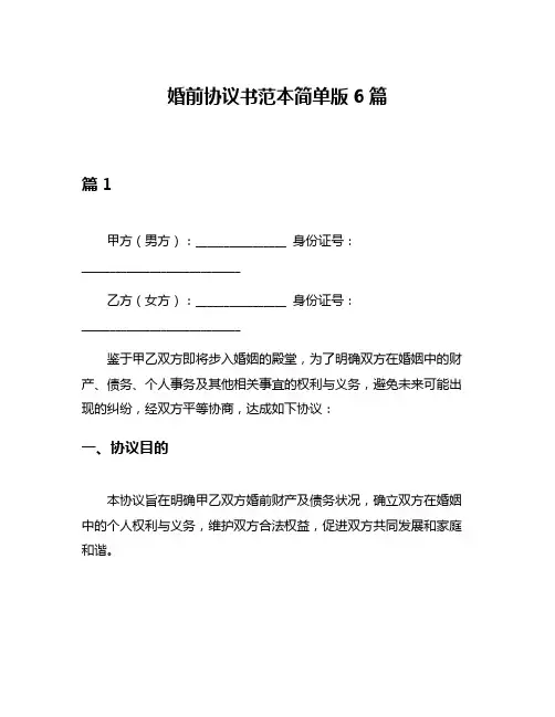 婚前协议书范本简单版6篇