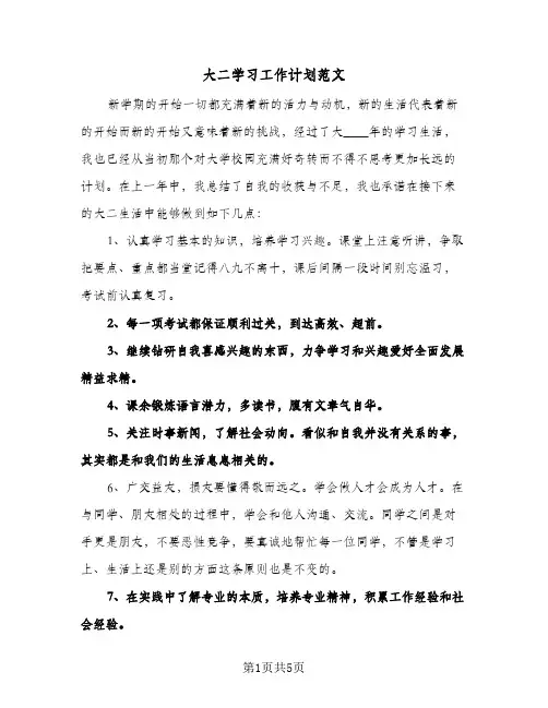 大二学习工作计划范文（3篇）