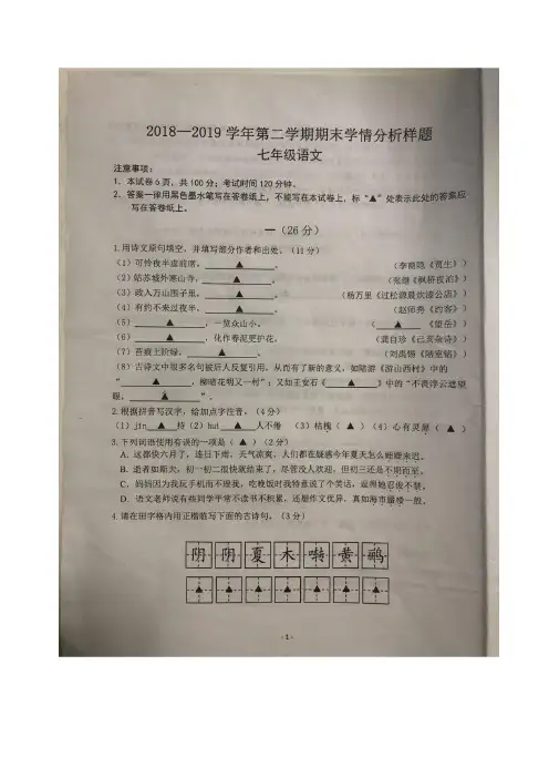 江苏省南京市三区联考2018-2019学年第二学期期末学情分析样题七年级语文