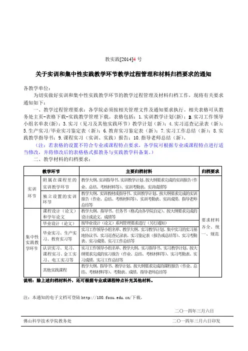 2014关于实训和集中性实践教学环节归档要求