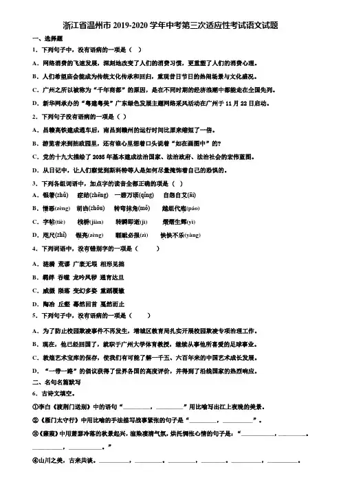 浙江省温州市2019-2020学年中考第三次适应性考试语文试题含解析
