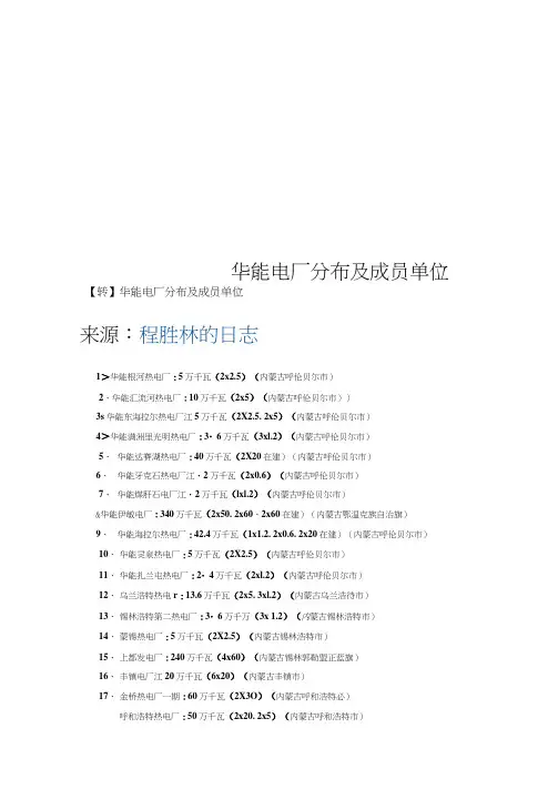 华能电厂分布及成员单位
