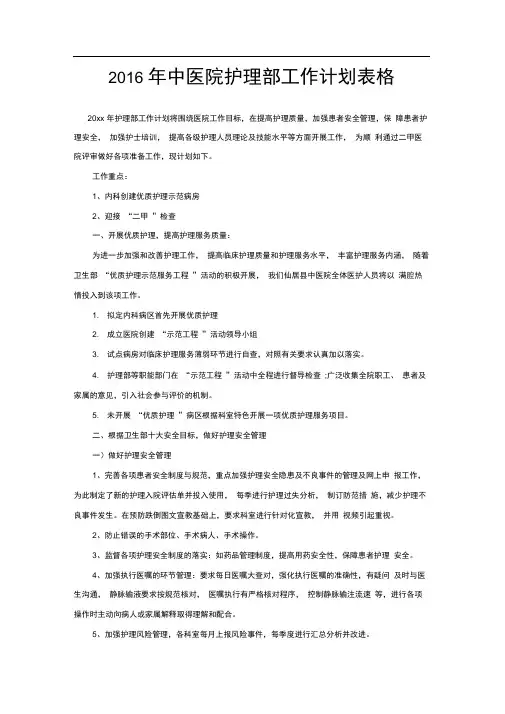 2020年中医院护理部工作计划表格