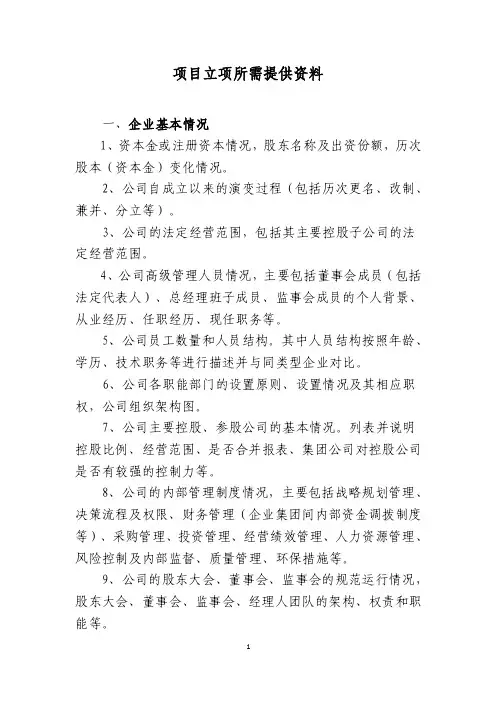 项目立项所需提供资料