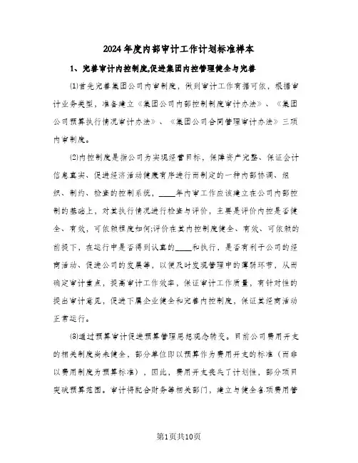 2024年度内部审计工作计划标准样本(三篇)