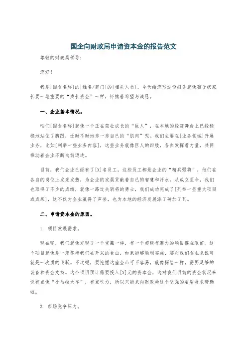 国企向财政局申请资本金的报告范文