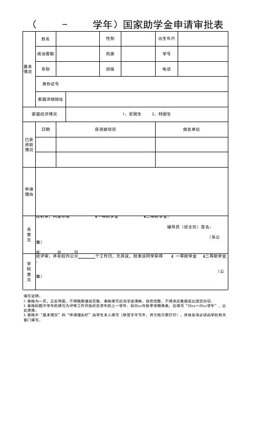 年度国家助学金申请审批表Excel表格