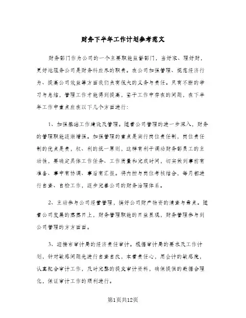 财务下半年工作计划参考范文（五篇）
