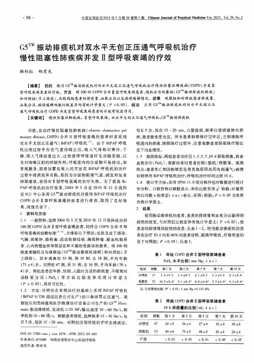 G5 TM振动排痰机对双水平无创正压通气呼吸机治疗慢性阻塞性肺疾病并发Ⅱ型呼吸衰竭的疗效