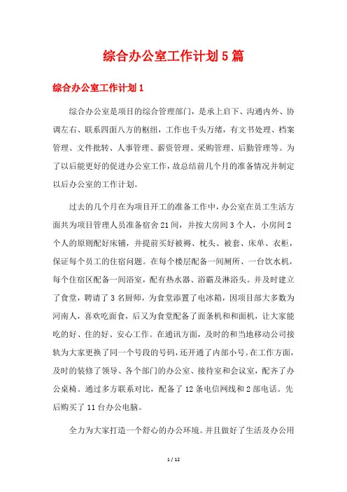 综合办公室工作计划5篇