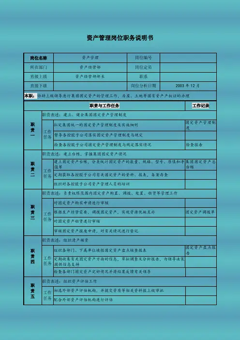 资产管理岗位职务说明书