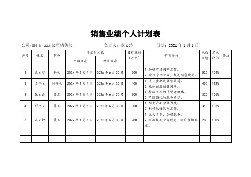 销售业绩个人计划表