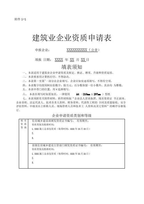 建筑业企业资质申请表