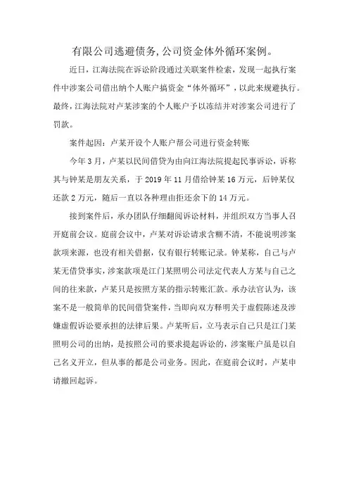 有限公司逃避债务,公司资金体外循环案例。