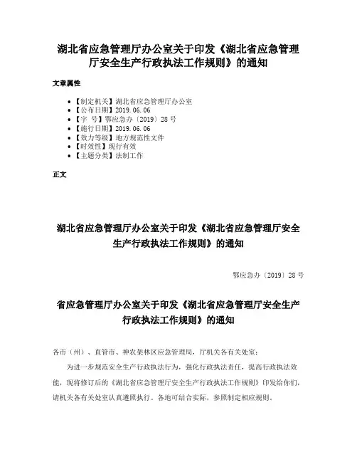 湖北省应急管理厅办公室关于印发《湖北省应急管理厅安全生产行政执法工作规则》的通知