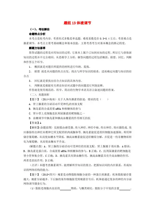 高考圈题(新课标II卷)2016高考生物总复习题组训练13体液调节